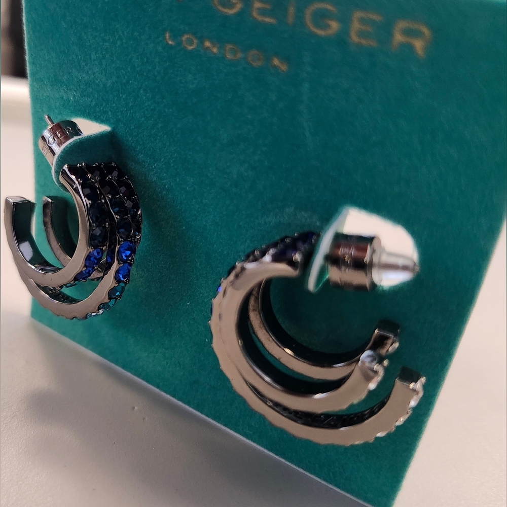 NWT Kurt Geiger London Blue Crystal 3 Row Pave Hoop Earrings